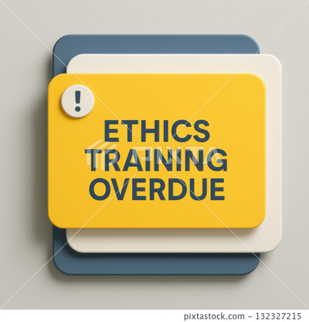 Urgent corporate compliance reminder about overdue ethics training. This professional yellow card on screen serves as notification for mandatory employee education 132327215