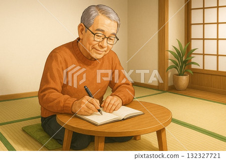 一位老人在榻榻米上寫日記 132327721