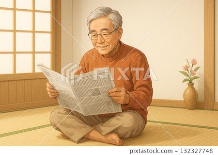 老人在榻榻米房間裡看報紙 132327748