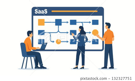 team discussing SaaS product roadmap on digital board 132327751