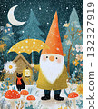 Whimsical Christmas Santa with Black Cat in Snowy Forest  Cozy Winter Night Illustration 132327919