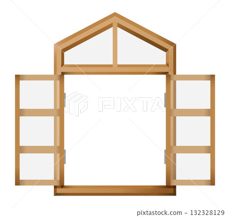 木製窗戶的插圖。門開著。白色背景上的向量插圖。 132328129