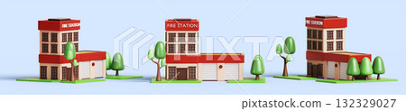 Fire brigade station building exterior 3d icon set in different angles. Municipal city service, town firefighter department office with closed garage box for emergency rescue trucks. 3D illustration Fire brigade station building exterior 3d icon set in different angles. Municipal city service, town firefighter department office with closed garage box for emergency rescue trucks. 3D illustration 132329027