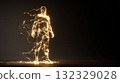 Glowing Golden Human Figure Made of Energy and Light Against Dark Background 132329028