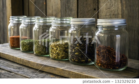 Colorful array of spices in glass jars lined on a rustic wooden shelf Colorful array of spices in glass jars lined on a rustic wooden shelf 132329210