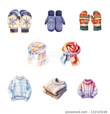 溫暖的冬季配件古董剪貼畫 | 手套和圍巾的水彩插圖 溫暖的冬季配件古董剪貼畫 | 手套和圍巾的水彩插圖 132329286