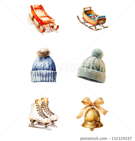 冬季活動和配件的古董剪貼畫 | 雪橇、帽子、溜冰鞋和鈴鐺的水彩插圖 冬季活動和配件的古董剪貼畫 | 雪橇、帽子、溜冰鞋和鈴鐺的水彩插圖 132329287