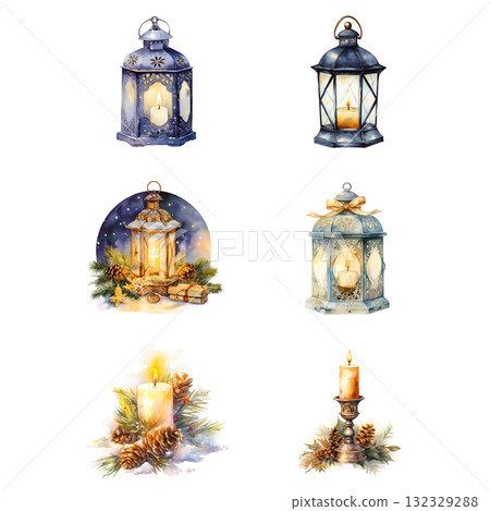 燈籠和蠟燭的古董剪貼畫 | 燈光的水彩冬季插圖 132329288