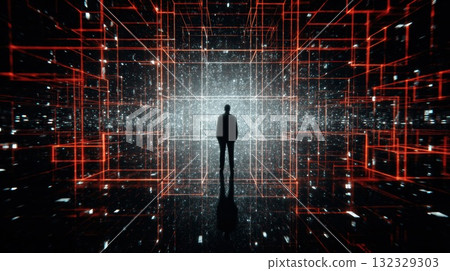 Silhouette In Neon Cyber Grid A Futuristic Digital Space With Red Light Lines Silhouette In Neon Cyber Grid A Futuristic Digital Space With Red Light Lines 132329303
