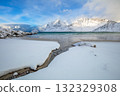 Stream and Winter Fjord in Lofoten 132329308