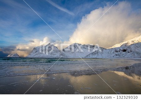 Sunny Clouds over a Winter Fjord 132329310