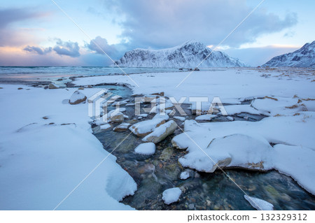 Winter Lofoten and a Stream on the Beach Winter Lofoten and a Stream on the Beach 132329312