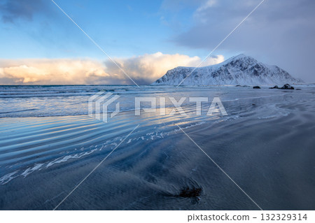 Evening Beach and Snow-Capped Mountains Evening Beach and Snow-Capped Mountains 132329314