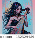 Young woman with long black hair and a black dress plays a string instrument. 132329489