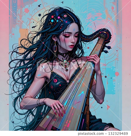 Young woman with long black hair and a black dress plays a string instrument. 132329489
