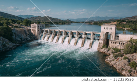 Hydroelectric dam water river landscape mountain sky power energy structure nature generating electricity peaceful scene 132329586