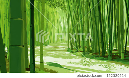 Lush bamboo forest green stalks sunlight tranquil peaceful nature dense serene foliage path 132329614