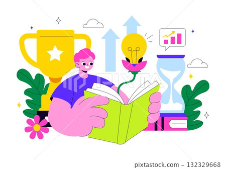 Personal Growth Vector Illustration Featuring Development Through Positive Habits, Lifelong Learning, Adaptability and Perseverance for Career Success 132329668