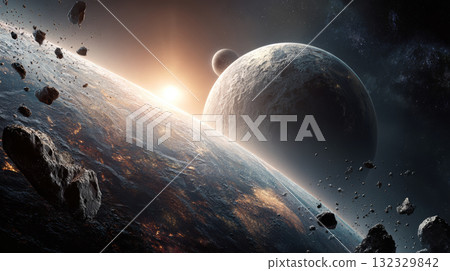 Halloween pumpkin glowing on dark path, spooky house in foggy forest, eerie atmosphere, autumn night, scary mood 132329842