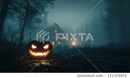 Halloween pumpkin glowing on dark path, spooky house in foggy forest, eerie atmosphere, autumn night, scary mood Halloween pumpkin glowing on dark path, spooky house in foggy forest, eerie atmosphere, autumn night, scary mood 132329855