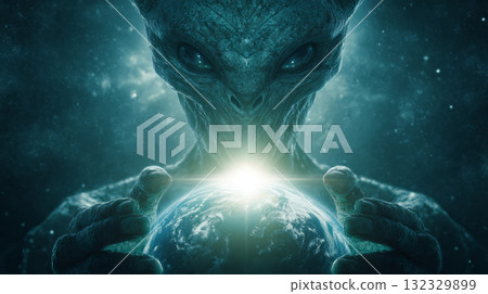 Halloween pumpkin glowing on dark path, spooky house in foggy forest, eerie atmosphere, autumn night, scary mood 132329899