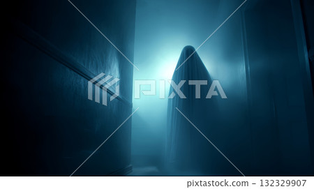 Halloween pumpkin glowing on dark path, spooky house in foggy forest, eerie atmosphere, autumn night, scary mood Halloween pumpkin glowing on dark path, spooky house in foggy forest, eerie atmosphere, autumn night, scary mood 132329907