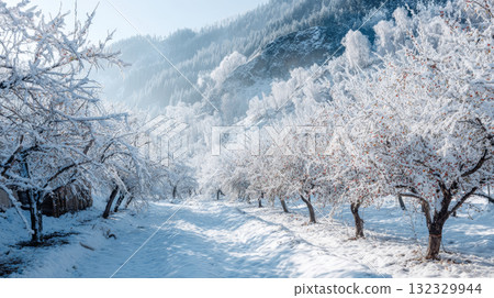 Snow covered tree winter landscape frosty morning mountain cold white nature peaceful outdoor scenic beauty 132329944