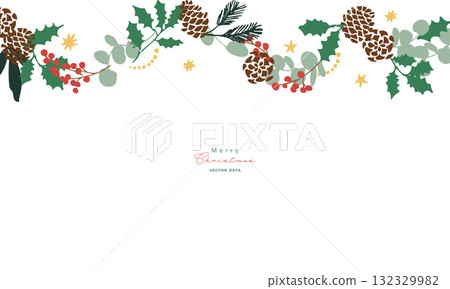 December Christmas frame. Christmas background with pine cones and holly. Winter Christmas wreath illustration. December Christmas frame. Christmas background with pine cones and holly. Winter Christmas wreath illustration. 132329982