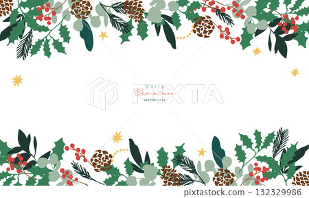 十二月聖誕框架。聖誕背景，有鬆果和冬青樹。冬季聖誕花圈插圖。 132329986