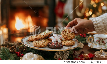 A hand reaches for a decorated Christmas cookie placed on a beautiful plate by a cozy fireplace during the holiday season 132330330