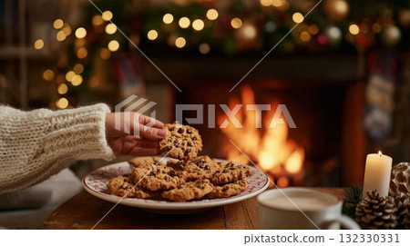 A hand reaches for a decorated Christmas cookie on a plate by a warm, crackling fire, creating a festive vibe 132330331