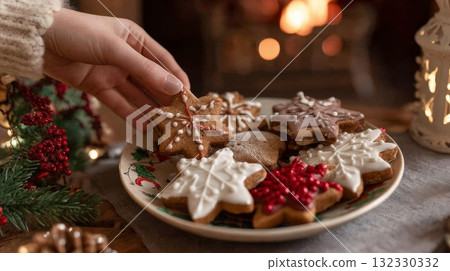 A hand reaches for a beautifully decorated Christmas cookie from a festive plate near a cozy fireplace with holiday decorations 132330332