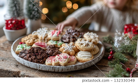 A variety of decorated Christmas cookies are displayed on a vintage platter, inviting holiday cheer and festive baking spirit A variety of decorated Christmas cookies are displayed on a vintage platter, inviting holiday cheer and festive baking spirit 132330349