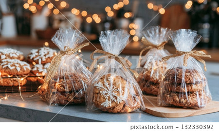 Festively wrapped Christmas cookies in clear bags are ideal for sharing and celebrating the holiday spirit! 132330392