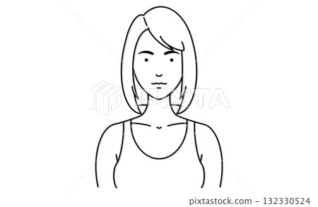 身穿背心、面向前方、留著鮑伯髮型的女性的線條畫圖標 身穿背心、面向前方、留著鮑伯髮型的女性的線條畫圖標 132330524