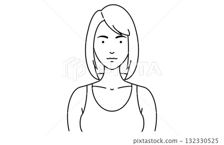 身穿背心、面向前方、留著鮑伯髮型的女性的線條畫圖標 身穿背心、面向前方、留著鮑伯髮型的女性的線條畫圖標 132330525