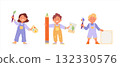 Children artists holding paintbrush, pallette, canvas and giant colored pencil. Happy boys and girl drawing pictures 132330576