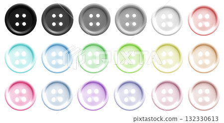 Colourful pastel plastic clothes plastic sewing button on transparent background cutout, PNG file. Many assorted different colours. Mockup template for artwork graphic 132330613