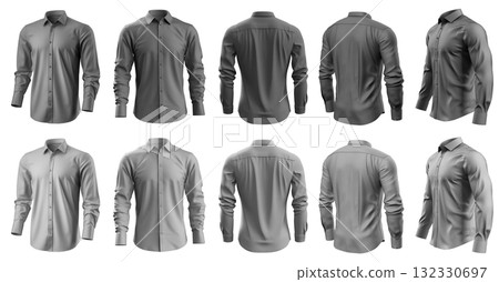 2 Set of grey dark light button up long sleeve collar shirt front, back and side view on transparent background cutout, PNG file. Mockup template 132330697