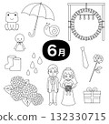 A set of black and white line drawings depicting June events and rainy season motifs 132330715