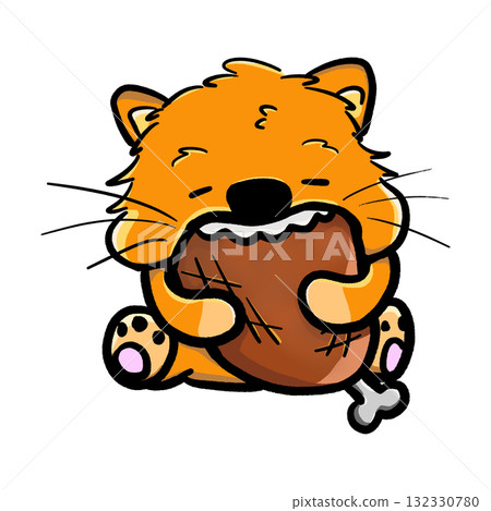 A fat orange cat is biting hunk meat cartoon illustration A fat orange cat is biting hunk meat cartoon illustration 132330780