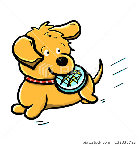Yellow dog catching frisbee running fast isolated cartoon illustration 132330782