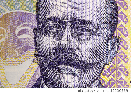 Ion Luca Caragiale a closeup portrait from Romanian money 132330789