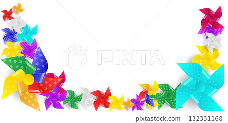 Spinning pinwheel paper toy vector isolated illustration colorful rainbow windmill fan childhood game symbol summer breeze design playful whirligig concept child fun flower background set 132331168
