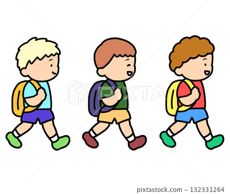 Set of three Caucasian boys walking to school Set of three Caucasian boys walking to school 132331264