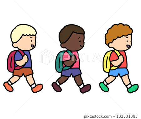 Set of 3 mixed-race boys walking to school 132331383