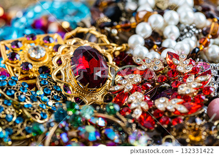jewelry and costume jewelry from various stones, minerals and precious stones, extreme closeup 132331422