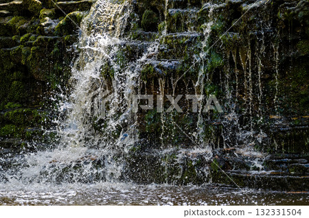 Closeup of falling and splashing streams of water, Ivande waterfall, Latvia Closeup of falling and splashing streams of water, Ivande waterfall, Latvia 132331504