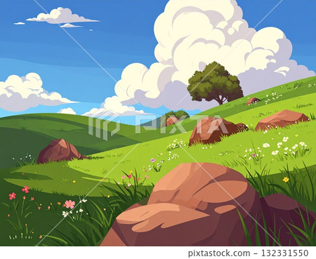 晴朗藍天下美麗的海濱草原風景插畫 132331550