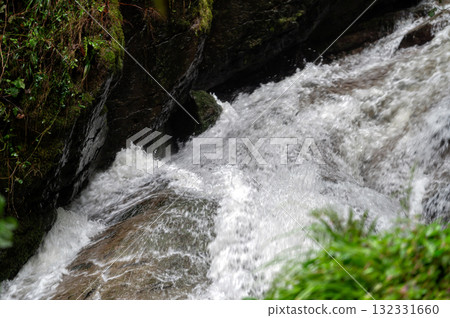 Rapid and powerful water flow between large rocks in cold mountain river, closeup Rapid and powerful water flow between large rocks in cold mountain river, closeup 132331660